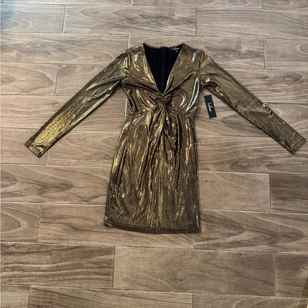 NWT Lulu's Shimmering Gold Long Sleeve Dress, S